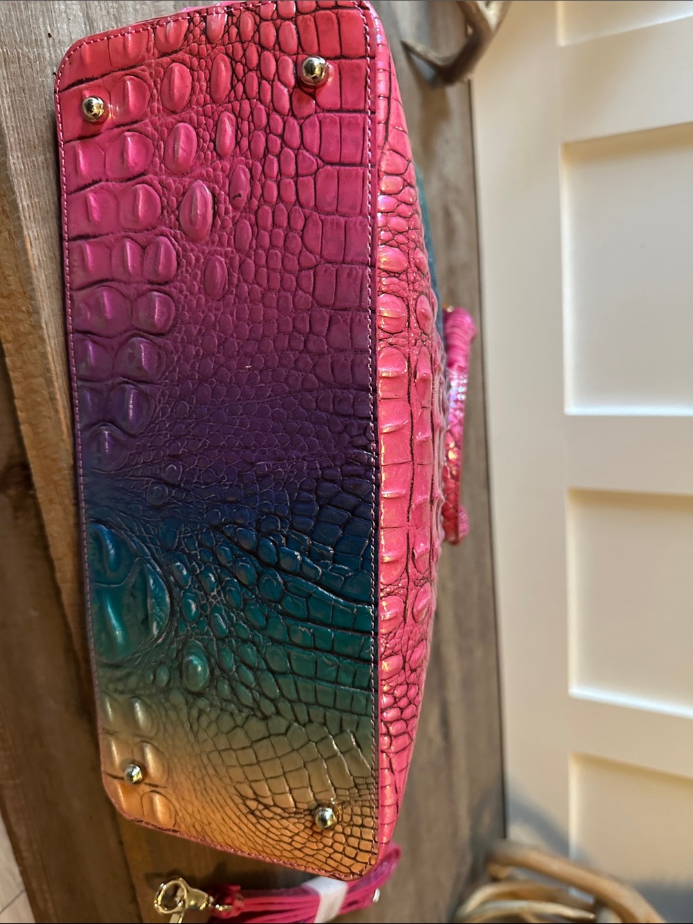 Brahmin Pink Teal Ombre Croc-Embossed Satchel - Picture 7 of 9
